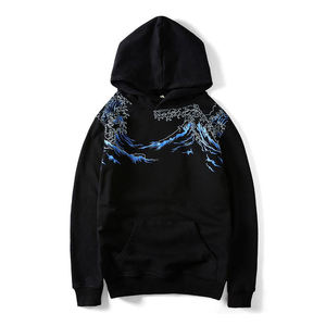 Sudadera con Capucha Negra para Hombre con Estampado de Olas Azules, Estilo Casual, Corte Regular, Tejido de Algodón, Estilo Otoñal - Product Image 1
