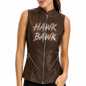 Chaleco de cuero para mujer, estilo sin mangas, con cremallera frontal, prácticos bolsillos laterales, diseño frontal limpio y bolsillos laterales con cremallera. - Product Image 1