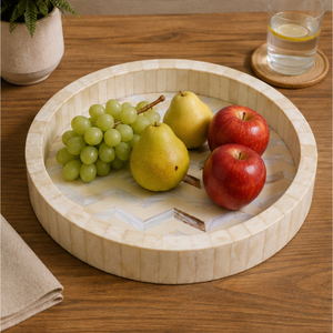 Plateau rond en nacre avec incrustation d'os, plateau décoratif de luxe à motif chevron pour centre de table basse et vente en gros pour la maison - Product Image 5