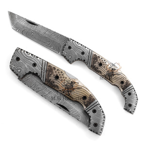 OEM Industrial Grade Damascus Steel Folding Camping <b>Knife</b>-Straight Laser Scrimshaw Camel <b>Bone</b> <b>Handle</b>-Liberty Death 19cm Overall - Product Image 1