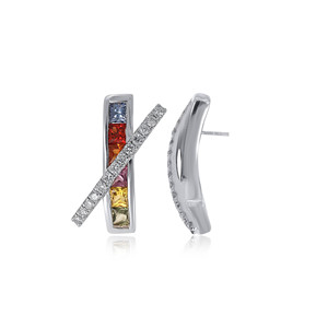 Boucles d'oreilles de luxe pour femmes en or blanc 14 carats avec croix en diamants baguette et incrustation de saphirs multicolores pour un usage quotidien - Product Image 3