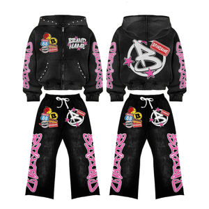 Ensemble sweat à capuche et pantalon évasé Ibex personnalisé, délavé à l'acide, avec strass et impression DTG, coupe ample, style streetwear - Product Image 1
