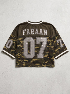 Women Camouflage Custom Print Crystal <b>Rhinestone</b> Cropped American Football Jersey Boxy Fit Sparkling Vintage Camo Crop <b>Mesh</b> <b>Top</b> - Product Image 5
