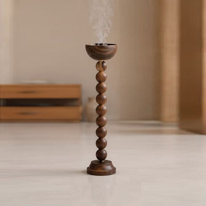 Elegant Wooden <b>Bakhoor</b> Burner With Stacked Beaded Column Design And Smooth Top Basin Round Shape For Aromatic <b>Oud</b> Incense - Product Image 4