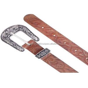 Ceinture d'outillage en cuir beige de qualité supérieure, sculptée à la main, en cuir occidental, en relief, avec boucle florale, 3 pièces - Product Image 5