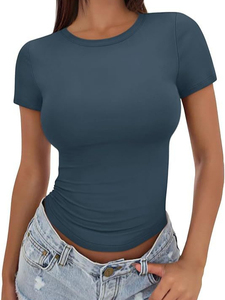Women's Slim Fit <b>Crop</b> <b>Top</b> Solid Color Crew Neck Short Sleeve Casual T-Shirt Spandex Cotton Knitted Breathable Logo 220g Spring - Product Image 2