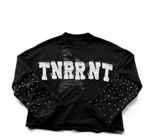 Custom Heavyweight Acid Wash Distressed <b>Patchwork</b> Embroidery Double Layer Long Sleeve T-<b>shirt</b> Rhinestone Printed Cotton T <b>Shirt</b> - Product Image 6