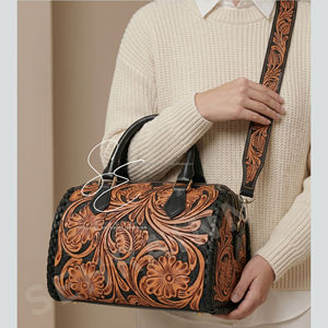 Mini sac de voyage en cuir de vachette Western, sac à main Speedy en cuir repoussé, sac à main turquoise pour femme en cuir de vachette à poils - Product Image 3