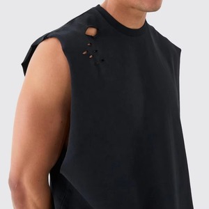 Custom Cotton Blank Graphic Streetwear Black <b>Distressed</b> Tshirt High Quality Oversized Men Sleeveless T-shirt Tank <b>Top</b> - Product Image 3