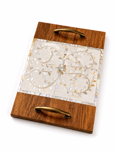 Bandeja de madera hecha a mano con incrustaciones de nácar, diseño floral, rectangular, plato decorativo para el hogar, regalo. - Product Image 1