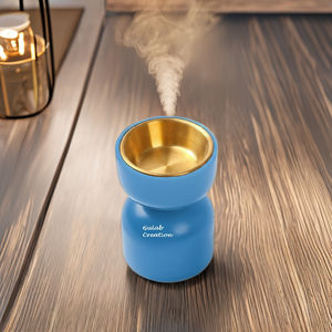 Handcrafted Blue Wooden Incense Burner with Brass Bowl for <b>Oud</b> and <b>Bakhoor</b> Aromatherapy Fragrance Home Decor - Product Image 1