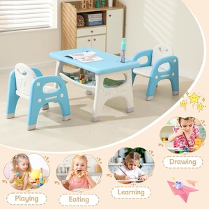Table moderne en plastique pour enfants avec 2 chaises, étagère de rangement et protège-pieds antidérapants pour activités, repas, jeux, école et salle de sport des tout-petits - Product Image 5