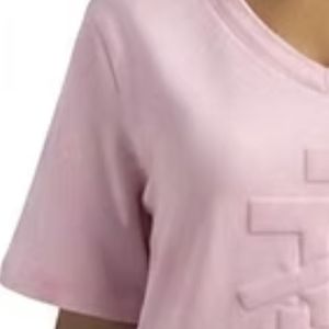 Women Light Pink V Neck T Shirt <b>Dress</b> Short Sleeve Embossed Design Casual <b>Loose</b> Fit Knee Length <b>Summer</b> Fashion <b>Dress</b> for Ladies - Product Image 3