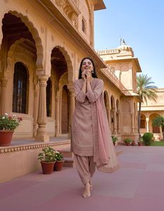 Tenue ethnique indienne en crêpe naturel pur avec broderie et travail de sequins, ensemble Plaza avec découpes et manches, dupatta Siroski Diamond - Product Image 2