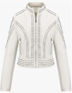 Women's Genuine Leather Moto <b>Biker</b> <b>Jacket</b> Studded Rivet Stand Collar Short Coat Casual Motorcycle Finished Cafe Racer Waterproof - Product Image 1