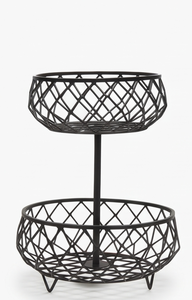 Panier de rangement pour fruits en fil métallique noir à deux niveaux, avec poteau central, support décoratif moderne à 2 couches - Product Image 2