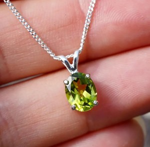 Natural Peridot Oval Pendant Necklace 925 Sterling <b>Silver</b> Green Gemstone Jewelry Dainty Minimalist Anniversary Gift for Women - Product Image 2