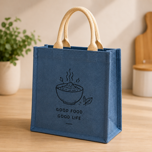 Bolsa de Almuerzo Azul de Yute, Ecológica, Duradera, Espaciosa, Ligera, para Oficina, con Estampado 'Good Food Good Life' - Product Image 4