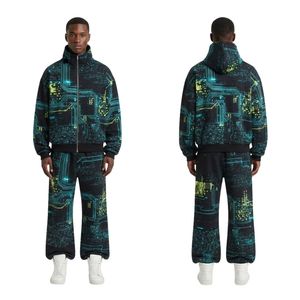 Custom Teal Digital Grid <b>Mens</b> Fleece Tracksuit Printed Hoodie Jogger Set Futuristic Streetwear Graphic Two Piece <b>Jackets</b> - Product Image 3