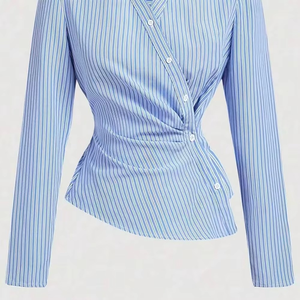 Blusa de Mujer Personalizable, Estilo Europeo Americano, Manga Larga, Ajustada, Tejida, a Rayas, Transpirable, con Botones, para Verano - Product Image 3