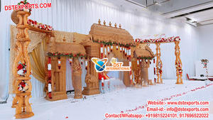 Décor de scène de réception de mariage Rajwadi traditionnel décor de scène en or blanc fabuleux thème rajasthani pour la scène de mariage - Product Image 5