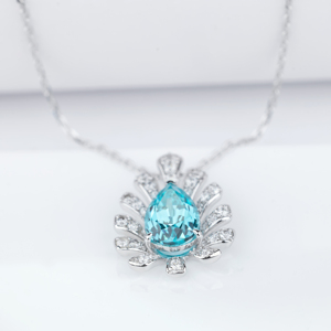Luxury <b>Blue</b> Teardrop Gemstone Pendant <b>Necklace</b> Silver Sunburst Diamond Look Chain Jewelry Elegant Fashion Gift for Women - Product Image 4