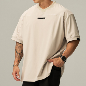 Men's Beige V-Neck Oversized Short Sleeve T-Shirt With Front Logo Print Casual Jersey Fit Breathable Cotton Top - Product Image 4