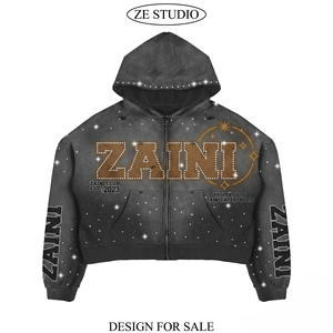 Sudadera con capucha para hombre de 350 GSM de algodón y poliéster premium con cremallera, gris carbón, estampado de diamantes de imitación, bordado, logotipo personalizado, corte cropped - Product Image 1