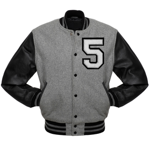 Men's Gray Varsity Jacket with Black Sleeves Number 5 Embroidered Zipper Closure Casual Winter Wear Sherpa Lining Floral Pattern - Product Image 1