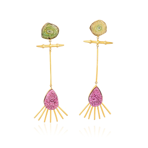 Boucles d'oreilles pendantes élégantes en pierres Druzy solaires et Druzy roses, plaquées or, bijoux en laiton faits à la main pour femmes - Product Image 1