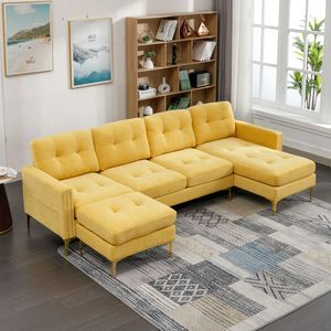 Divano Componibile a L Convertibile da 110 Pollici con Pouf Mobile per Soggiorno, Appartamento o Ufficio - Giallo - Product Image 6