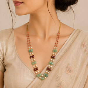 Custom Rhodium Plated <b>Necklace</b> Multi Gemstone Emerald <b>Ruby</b> Coral Bead Pearl Dual Layer Long Haar Chain Fine Women Luxury Gift - Product Image 1