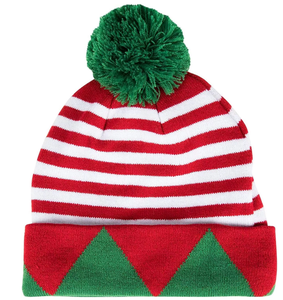 Lindo gorro de elfo a rayas rojas y blancas con pompones verdes y visera triangular, gorro de invierno - Product Image 2