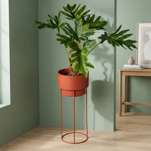 Support de plante en métal orange rouille haut avec pot de fleurs cylindrique moderne et base ronde fine pour plantes d'intérieur salon - Product Image 6