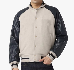 Veste universitaire pour homme, corps en daim, manches en cuir PU, col rabattu, fermeture à boutons, style décontracté automne, protection UV, respirante - Product Image 1