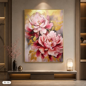Tableau mural moderne peint à la main, motif floral, toile décorative avec accents dorés, œuvre encadrée, décoration de luxe pour la maison, modèle F6-C6 OEM - Product Image 3