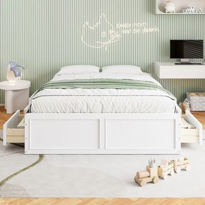 Letto a piattaforma matrimoniale in faggio massiccio stile giapponese con 6 cassetti, intagliato a mano e confortevole, colore bianco - Product Image 2