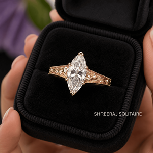 Bague de fiançailles en diamant de taille marquise cultivé en laboratoire certifié IGI, gravée à la main, motif floral vintage, solitaire en or, bijoux personnalisés - Product Image 4