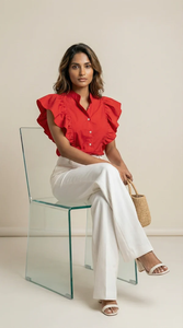 Camisa Casual Roja con Volantes, Superventas, de Algodón, para Mujer, Top de Manga Larga para Verano, Tela Ligera y Cómoda, Suministro al por Mayor - Product Image 5