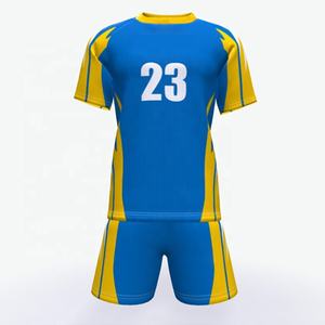 Ensemble de tenue de sport bleu et jaune personnalisé imprimé par sublimation pour adultes, été, séchage rapide, unisexe, short et t-shirt - Product Image 1