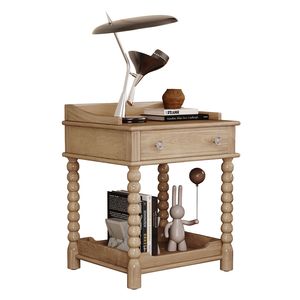 Comodino in Stile Retrò per Camera da Letto con Ripiano Aperto Naturale, Cassetto e Gambe Lavorate, Comodini con Maniglia in Metallo - Product Image 4