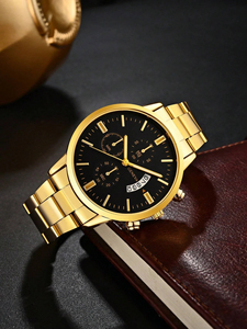 Montre à quartz sportive décontractée pour homme en acier inoxydable doré avec calendrier et bracelet tendance assorti - 192019 - Product Image 6