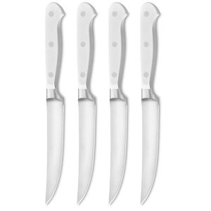 Juego de 4 cuchillos profesionales para carne con hojas curvas de acero inoxidable afiladas y mangos negros con triple remache para carne de res - Product Image 4