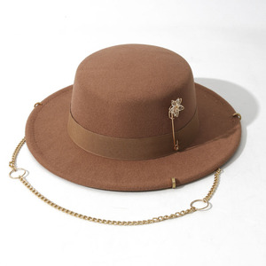 Sombrero Fedora marrón de ala ancha con pin de flor y cadena para mujer, ropa informal de primavera y verano, estilo europeo - Product Image 4