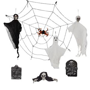 Set di Fantasmi Appesi di Halloween con Ragnatele e Lapidi, Occhi Illuminati e Decorazioni Oscillanti - Product Image 1