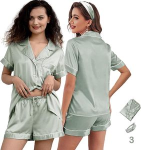 Ensemble de pyjama en satin de soie de luxe pour femmes RTS, taille élastique, manches courtes, uni, pour l'automne/l'hiver/l'été - Product Image 3