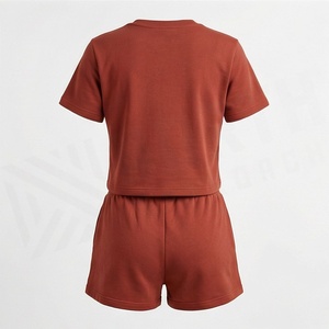 Conjunto de 2 Piezas para Mujer, Color Sólido, Tejido de Punto, Top de Manga Corta con Cuello Redondo, Shorts por Encima de la Rodilla con Cordón Ajustable, Estilo Casual para Primavera/Verano - Product Image 2