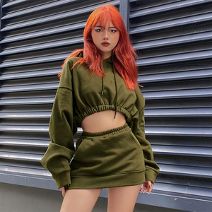 Women Olive Green Hooded Crop Top Tracksuit <b>Set</b> Full Sleeve Solid Color Casual <b>Jogger</b> With Side Pockets Elastic Waist - Product Image 5