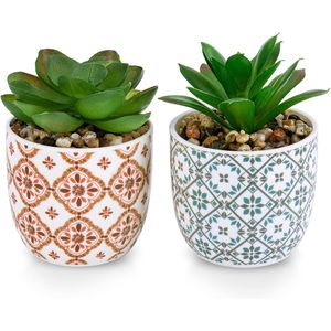 Set di 2 Piccoli Vasi in Ceramica con Fiori Artificiali Succulenti, Decorazione per Casa e Ufficio, Stile Rustico, Piante Verdi per Interni - Product Image 1