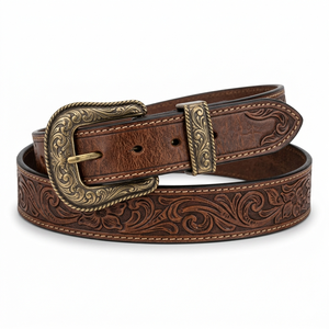 Cinturón de Cuero 100% Genuino para Hombre, Resistente, Grabado a Mano, Estilo Western, Hebilla de Latón Antiguo, ODM - Product Image 1